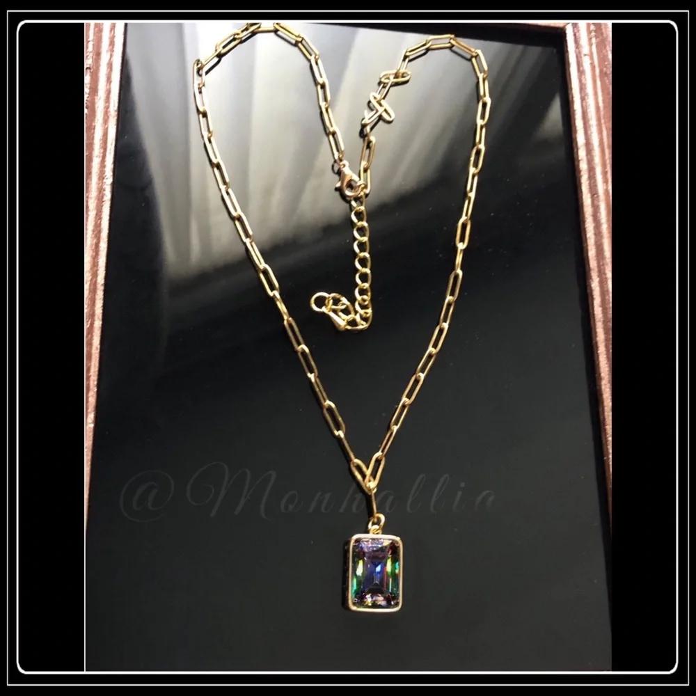 NEW 14K GOLD PAPERCLIP CRYSTAL PRISM STONE HANG CUSTOM PENDANT NECKLACE - Picture 6 of 7